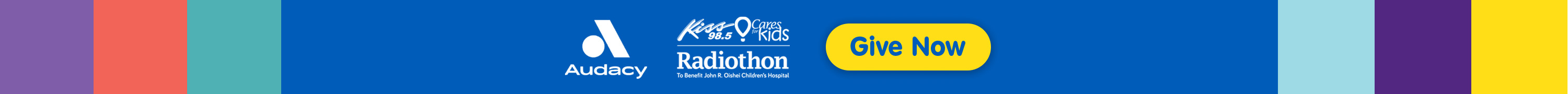 Give now to the Kiss 98.5 Cares for Kids Radiothon banner graphic